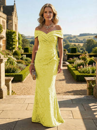 Sheath Lace Off Shoulder Ruched Maxi Mother of the Bride & Groom Dresses