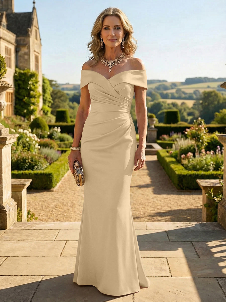 Sheath Silk Off Shoulder Ruched Maxi Mother of the Bride & Groom Dresses