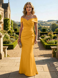 Sheath Silk Off Shoulder Ruched Maxi Mother of the Bride & Groom Dresses
