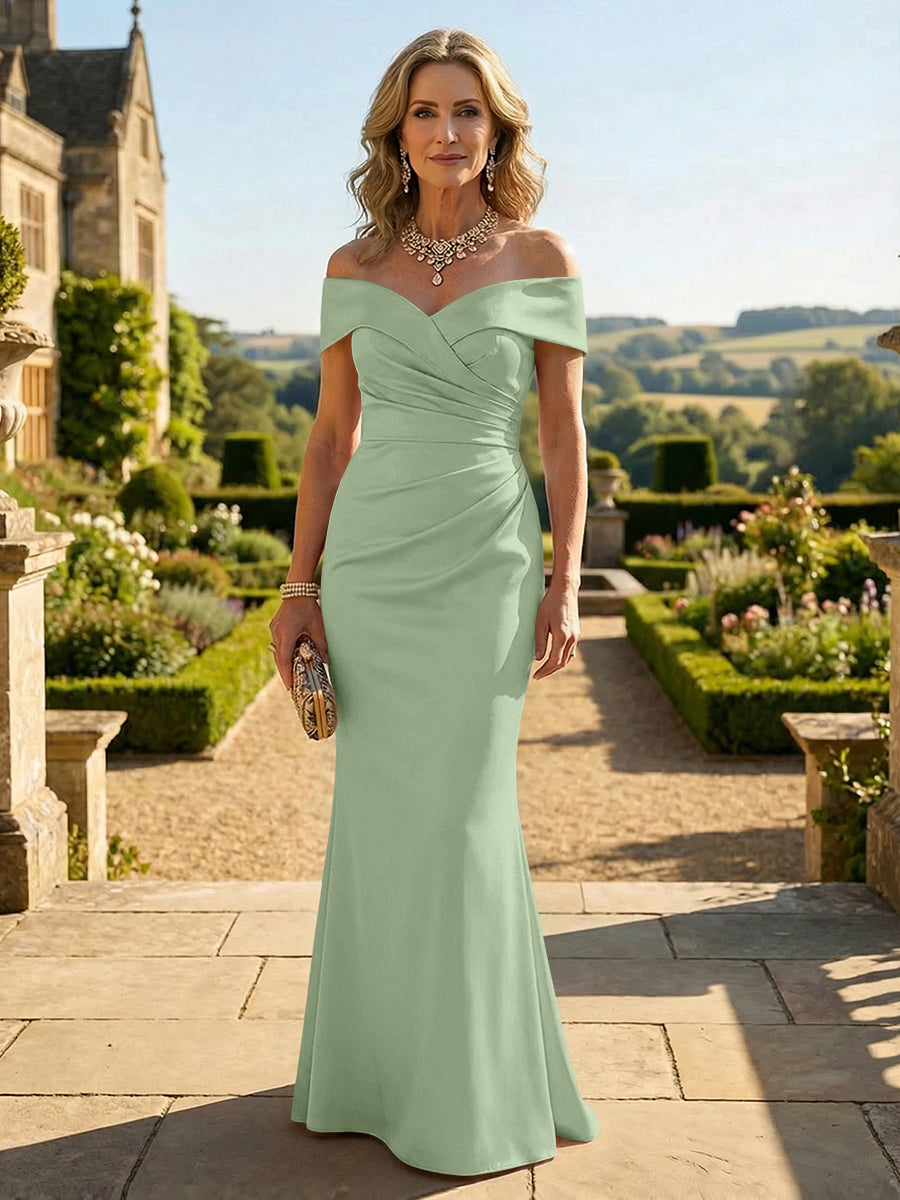 Sheath Silk Off Shoulder Ruched Maxi Mother of the Bride & Groom Dresses