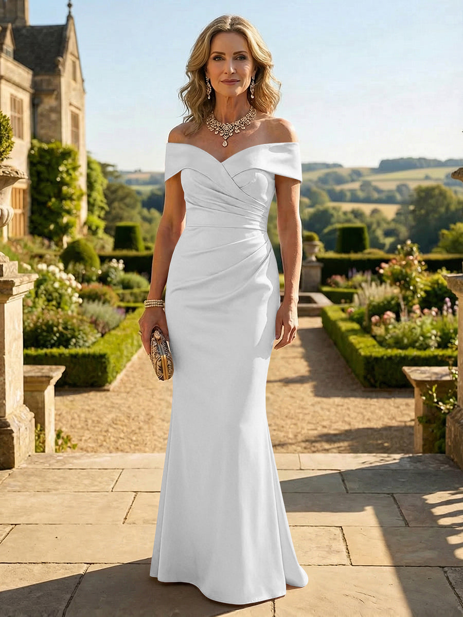 Sheath Silk Off Shoulder Ruched Maxi Mother of the Bride & Groom Dresses