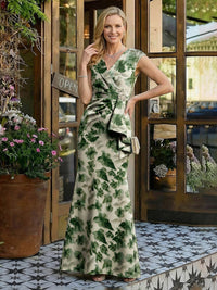 Sheath Floral Print V-Neck Maxi Mother of the Bride & Groom Dresses with Ruched Ruffles Waist