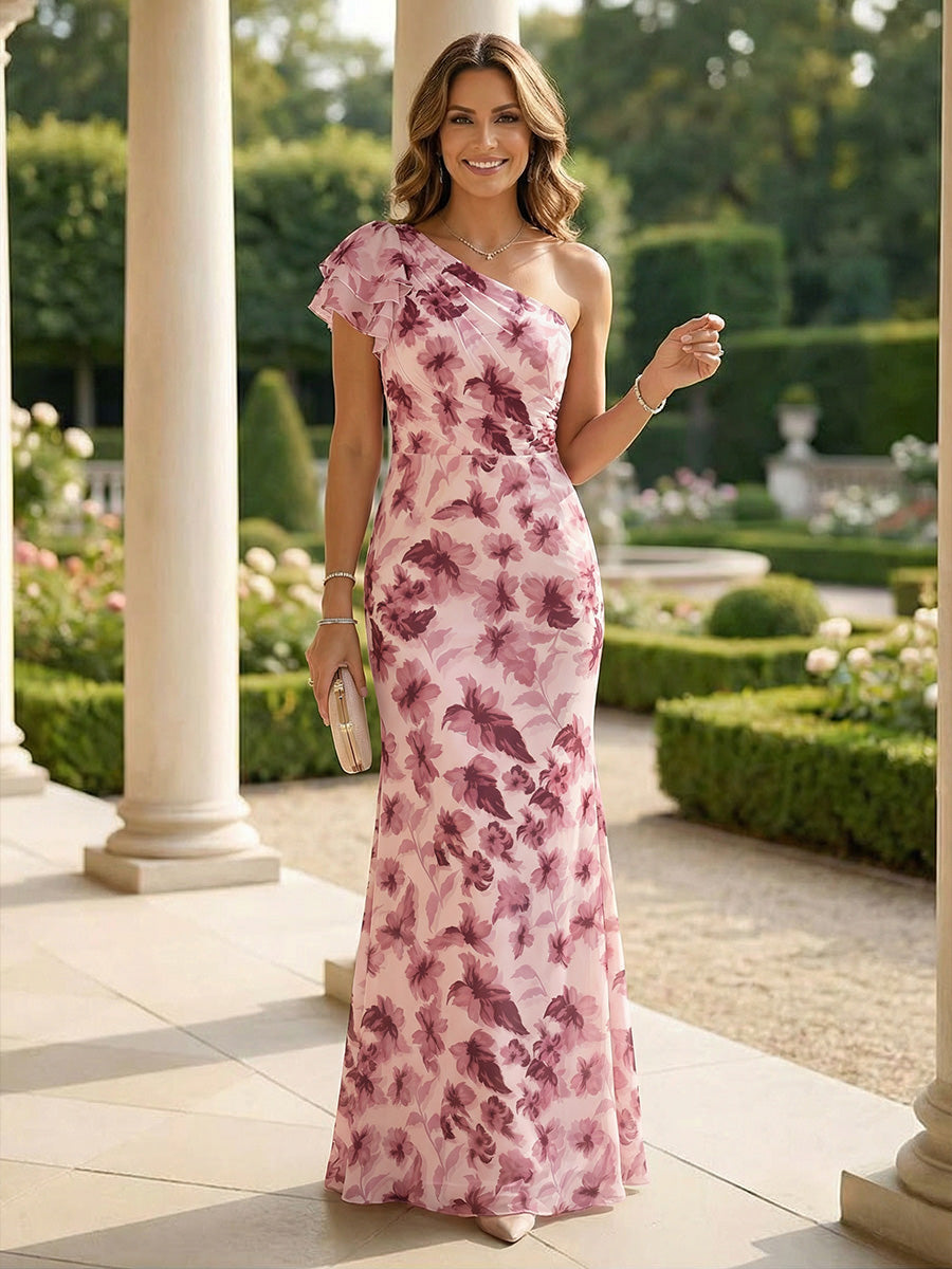Sheath Chiffon Floral Print One Shoulder Maxi Mother of the Bride & Groom Dresses