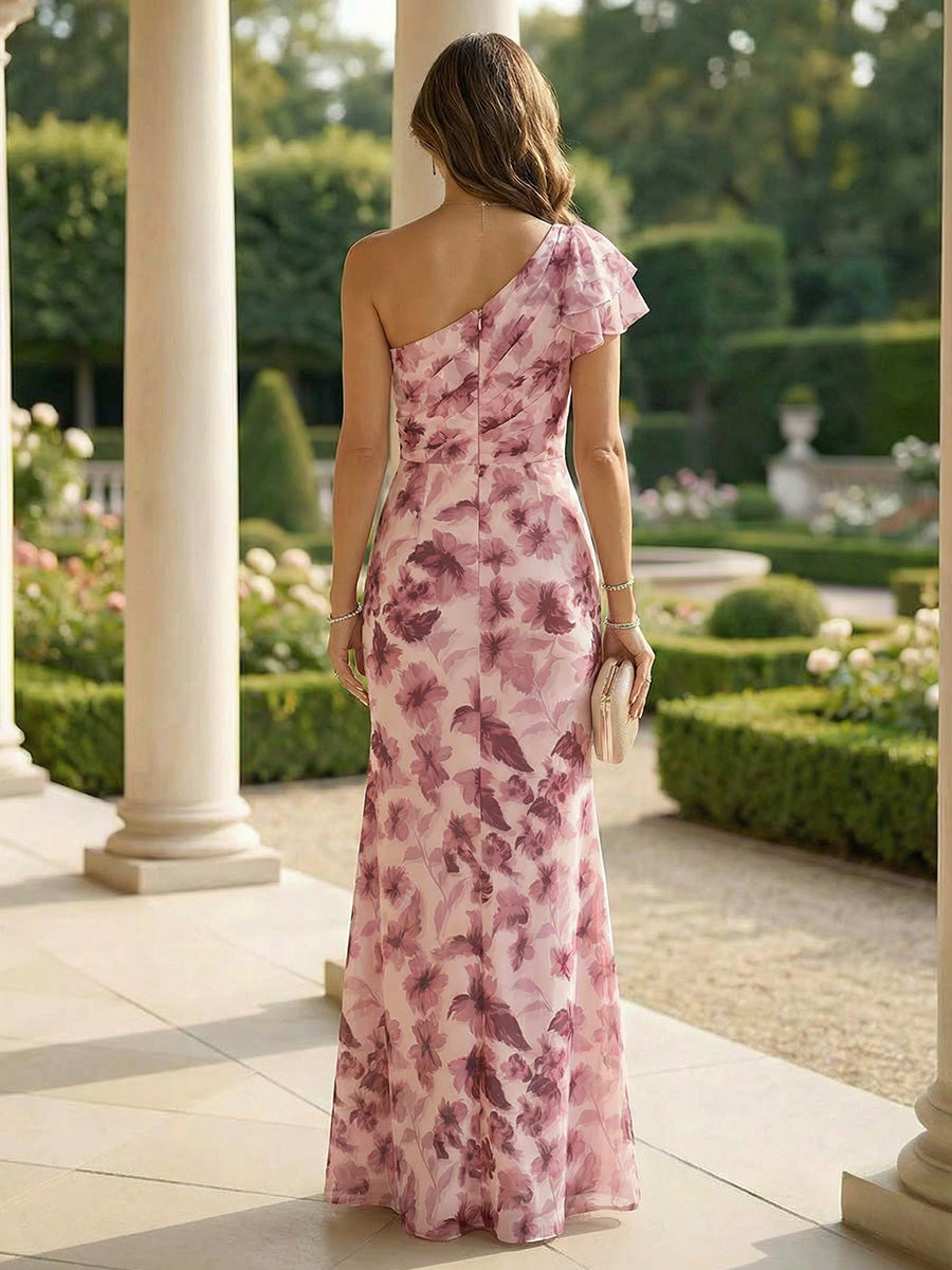 Sheath Chiffon Floral Print One Shoulder Maxi Mother of the Bride & Groom Dresses