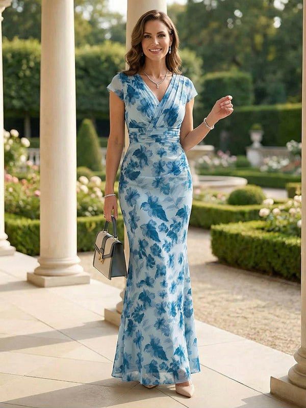 Sheath Chiffon Floral Print Maxi Mother of the Bride & Groom Dresses with Ruched Waist