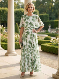 A-Line Pleated Chiffon Floral Print Cape Sleeves Maxi Mother of the Bride & Groom Dresses