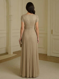 A-Line Pleated Chiffon Short Sleeves Maxi Mother of the Bride & Groom Dresses