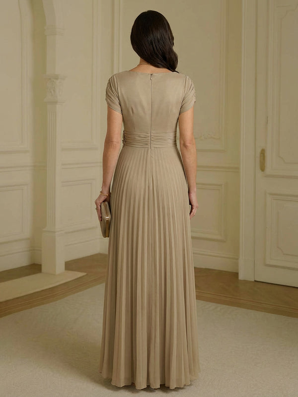 A-Line Pleated Chiffon Short Sleeves Maxi Mother of the Bride & Groom Dresses