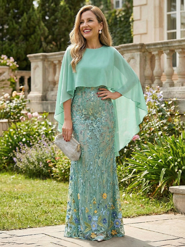 Sheath Floral Embroidered Lace Maxi Mother of the Bride & Groom Dresses with Chiffon Cape Sleeves