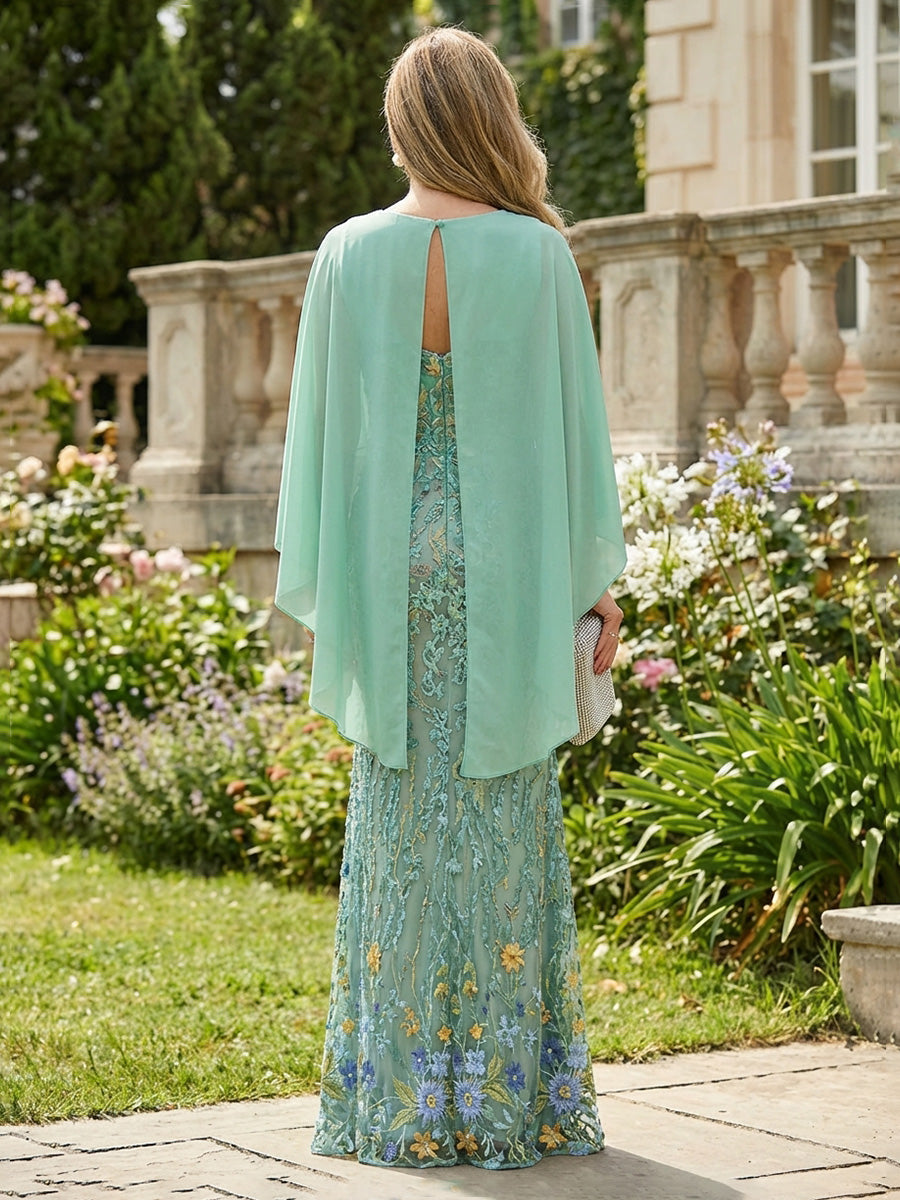Sheath Floral Embroidered Lace Maxi Mother of the Bride & Groom Dresses with Chiffon Cape Sleeves