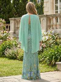 Sheath Floral Embroidered Lace Maxi Mother of the Bride & Groom Dresses with Chiffon Cape Sleeves