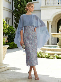 Sheath 3D Floral Embellished Lace Tea-Length Mother of the Bride & Groom Dresses with Chiffon Capelet Sleeves