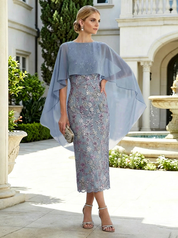 Sheath 3D Floral Embellished Lace Tea-Length Mother of the Bride & Groom Dresses with Chiffon Capelet Sleeves