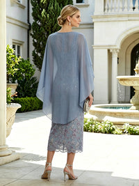 Sheath 3D Floral Embellished Lace Tea-Length Mother of the Bride & Groom Dresses with Chiffon Capelet Sleeves