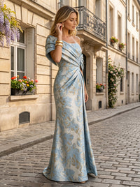 Sheath Satin Jacquard Off Shoulder Floor-Length Mother of the Bride & Groom Dresses