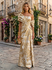 Sheath Satin Jacquard Off Shoulder Floor-Length Mother of the Bride & Groom Dresses