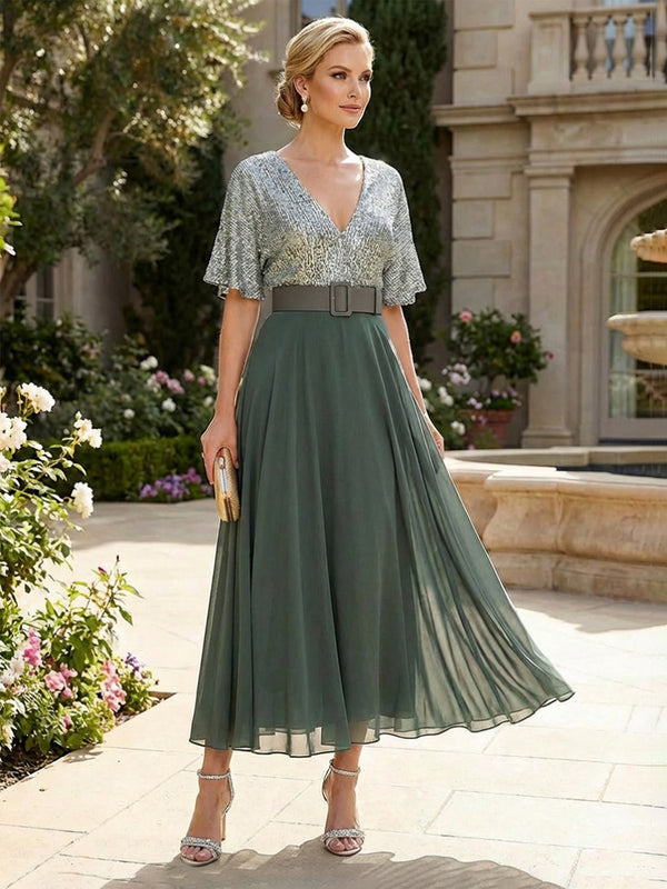 Chiffon A-Line/Princess V-Neck Tea-Length Mother of the Bride & Groom Dresses with Belt