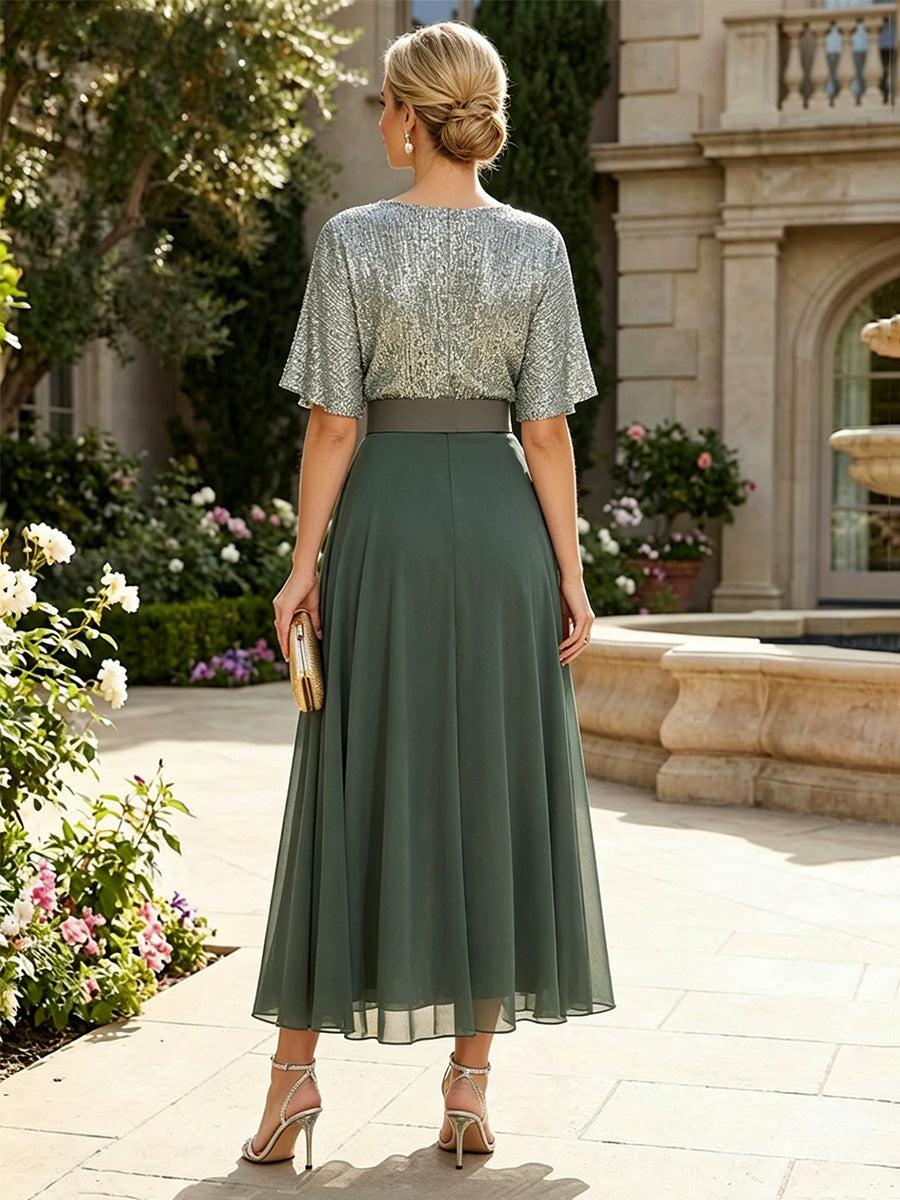 Chiffon A-Line/Princess V-Neck Tea-Length Mother of the Bride & Groom Dresses with Belt