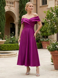 Satin A-Line/Princess Off Shoulder Tea-Length Mother of the Bride & Groom Dresses with Ruched Waist