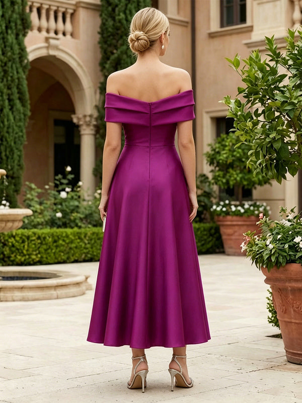 Satin A-Line/Princess Off Shoulder Tea-Length Mother of the Bride & Groom Dresses with Ruched Waist