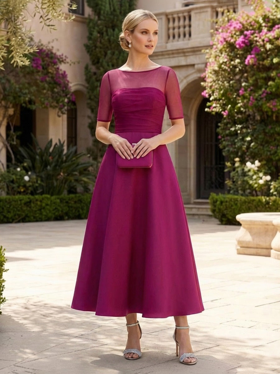 Satin A-Line/Princess Scoop Neck Tea-Length Mother of the Bride & Groom Dresses for Women