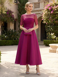 Satin A-Line/Princess Scoop Neck Tea-Length Mother of the Bride & Groom Dresses for Women