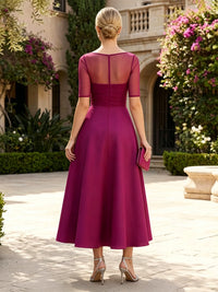 Satin A-Line/Princess Scoop Neck Tea-Length Mother of the Bride & Groom Dresses for Women