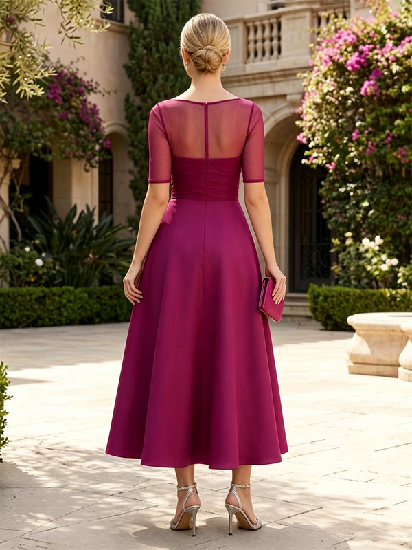 Satin A-Line/Princess Scoop Neck Tea-Length Mother of the Bride & Groom Dresses for Women