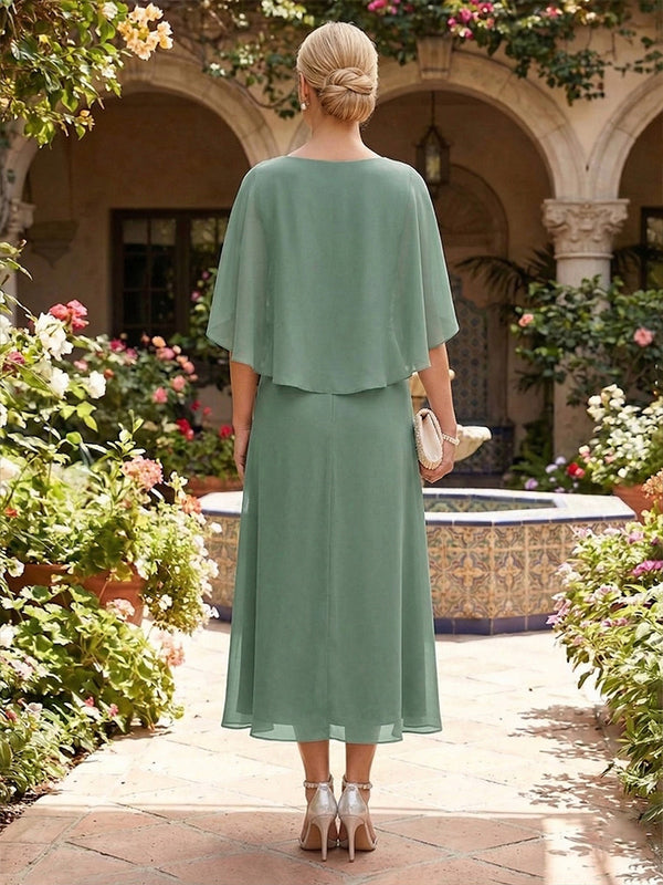 Chiffon A-Line/Princess V-Neck Tea-Length Mother of the Bride & Groom Dresses with Ruched Waist