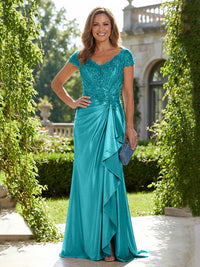 Satin Sheath/Column V-Neck Floor-Length Mother of the Bride & Groom Dresses with Ruffles