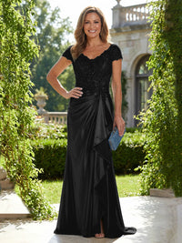 Satin Sheath/Column V-Neck Floor-Length Mother of the Bride & Groom Dresses with Ruffles