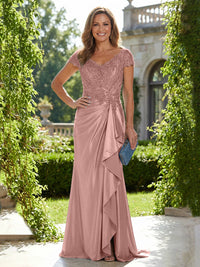 Satin Sheath/Column V-Neck Floor-Length Mother of the Bride & Groom Dresses with Ruffles