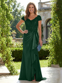 Satin Sheath/Column V-Neck Floor-Length Mother of the Bride & Groom Dresses with Ruffles