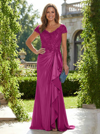 Satin Sheath/Column V-Neck Floor-Length Mother of the Bride & Groom Dresses with Ruffles