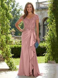 Satin Sheath/Column V-Neck Floor-Length Mother of the Bride & Groom Dresses with Ruffles