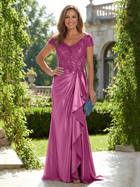 Satin Sheath/Column V-Neck Floor-Length Mother of the Bride & Groom Dresses with Ruffles