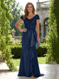 Satin Sheath/Column V-Neck Floor-Length Mother of the Bride & Groom Dresses with Ruffles