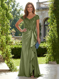 Satin Sheath/Column V-Neck Floor-Length Mother of the Bride & Groom Dresses with Ruffles