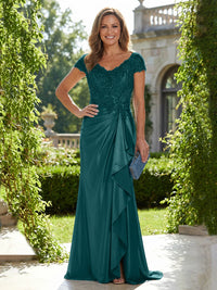 Satin Sheath/Column V-Neck Floor-Length Mother of the Bride & Groom Dresses with Ruffles