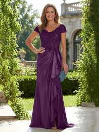 Satin Sheath/Column V-Neck Floor-Length Mother of the Bride & Groom Dresses with Ruffles