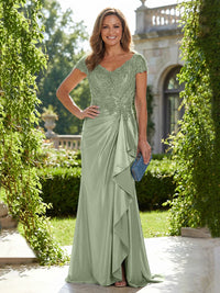 Satin Sheath/Column V-Neck Floor-Length Mother of the Bride & Groom Dresses with Ruffles