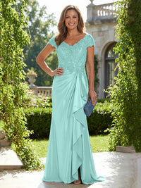 Satin Sheath/Column V-Neck Floor-Length Mother of the Bride & Groom Dresses with Ruffles