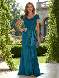 Satin Sheath/Column V-Neck Floor-Length Mother of the Bride & Groom Dresses with Ruffles