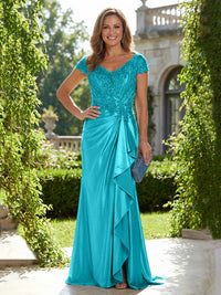 Satin Sheath/Column V-Neck Floor-Length Mother of the Bride & Groom Dresses with Ruffles