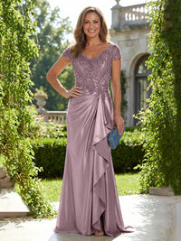 Satin Sheath/Column V-Neck Floor-Length Mother of the Bride & Groom Dresses with Ruffles