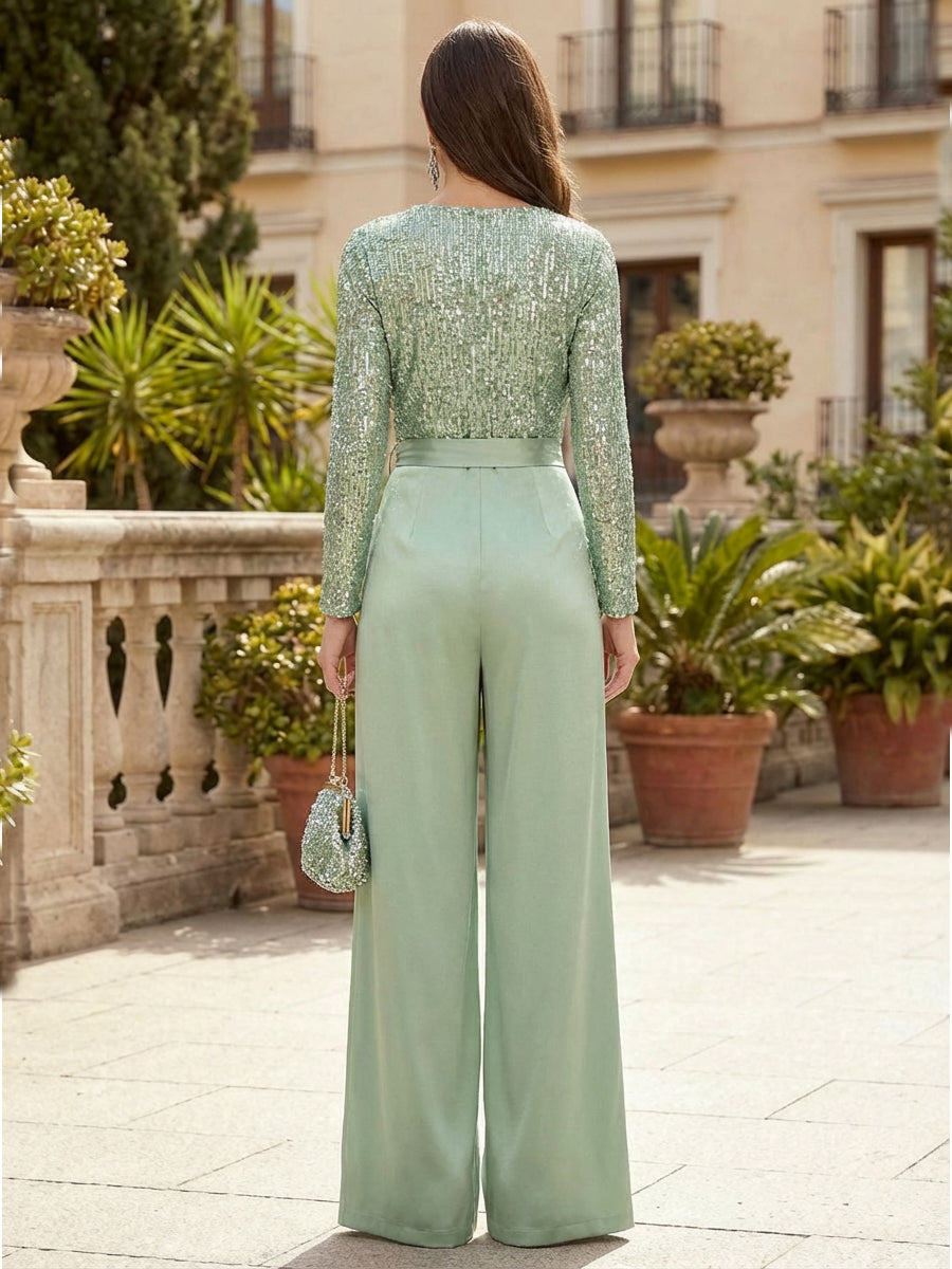 Satin Pantsuit V-Neck Floor-Length Mother of the Bride & Groom Jumpsuit with Sequin Bodice