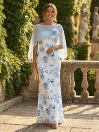 Floral Print A-Line/Princess Scoop Neck Floor-Length Mother of the Bride & Groom Dresses with Cape