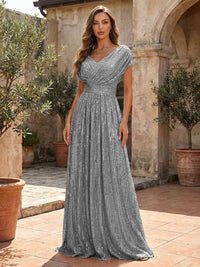 Sequin A-Line/Princess V-Neck Floor-Length Mother of the Bride & Groom Dresses with Ruched Waist