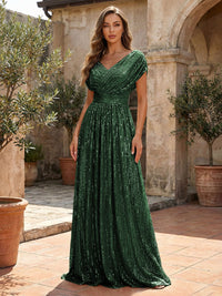 Sequin A-Line/Princess V-Neck Floor-Length Mother of the Bride & Groom Dresses with Ruched Waist