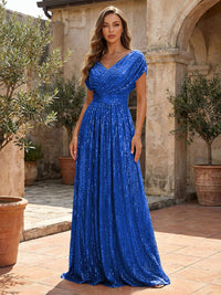 Sequin A-Line/Princess V-Neck Floor-Length Mother of the Bride & Groom Dresses with Ruched Waist
